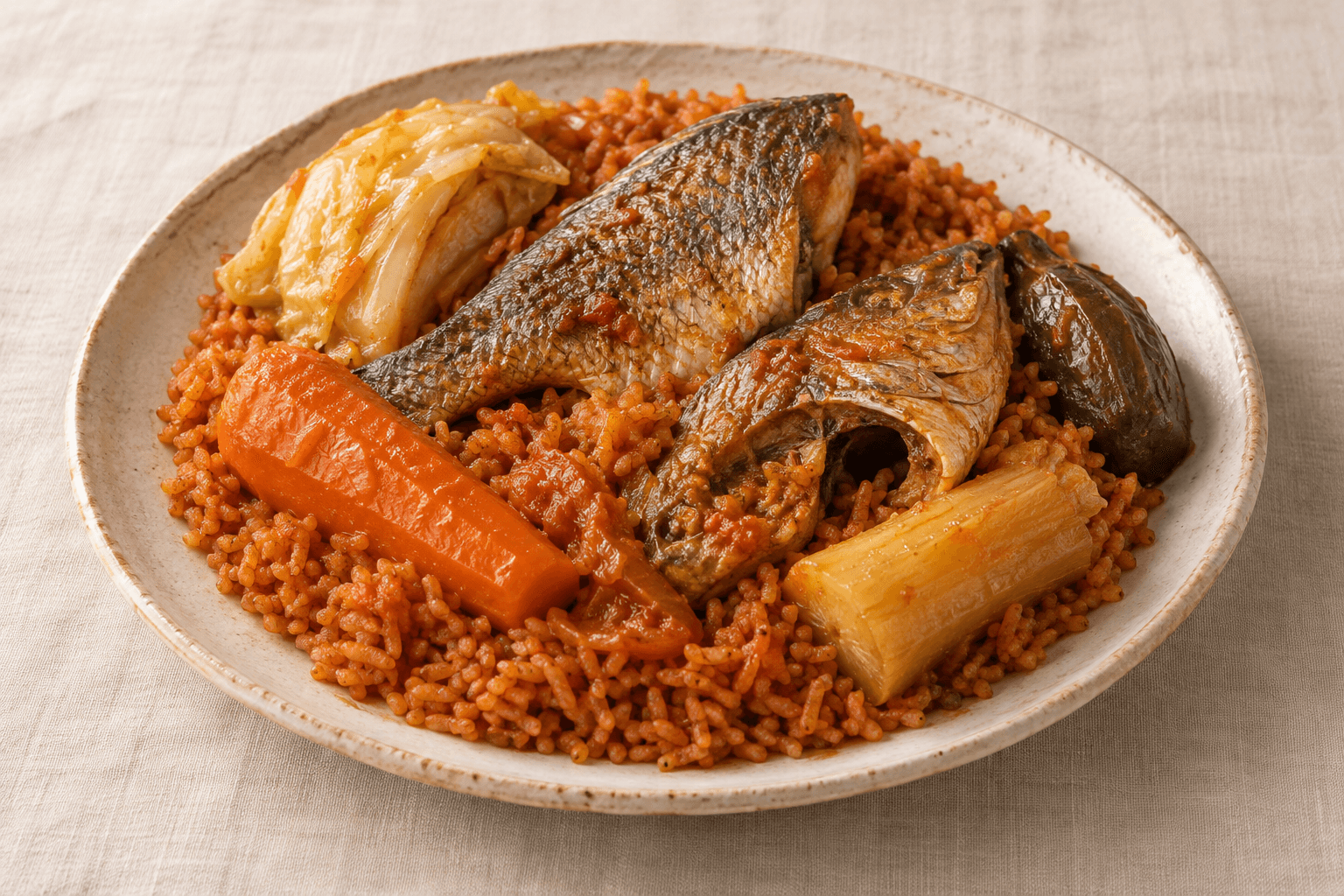 Illustration de thiéboudienne : riz rouge, poisson, carotte, chou, manioc et aubergine dans une assiette en céramique.