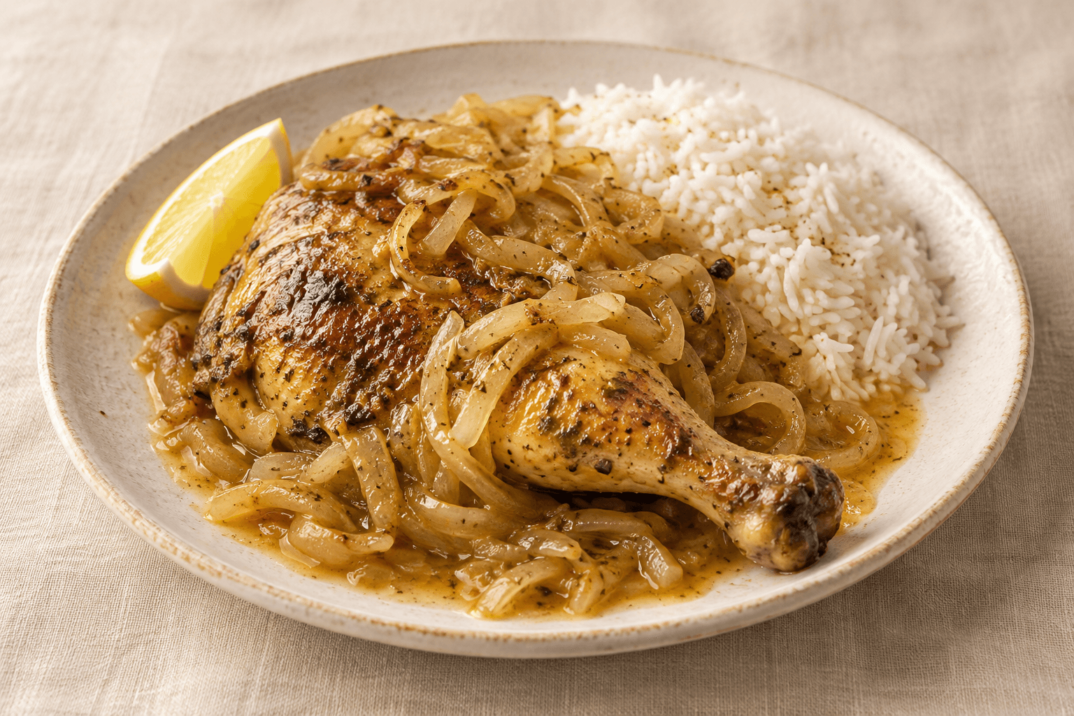 Illustration de yassa au poulet : cuisse grillée, oignons fondants, citron et riz blanc dans une assiette en céramique.