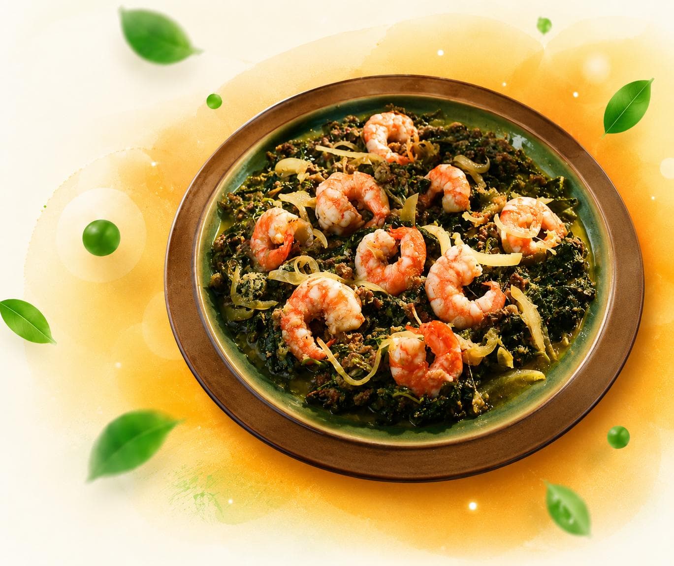 Ndolé aux crevettes, servi dans un plat